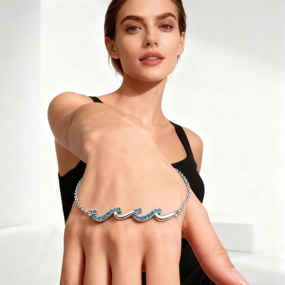 Wave Friendship Bracelet for Women - Sterling Silver with Blue Cubic Zirconia, 6 - Picture 2 of 6